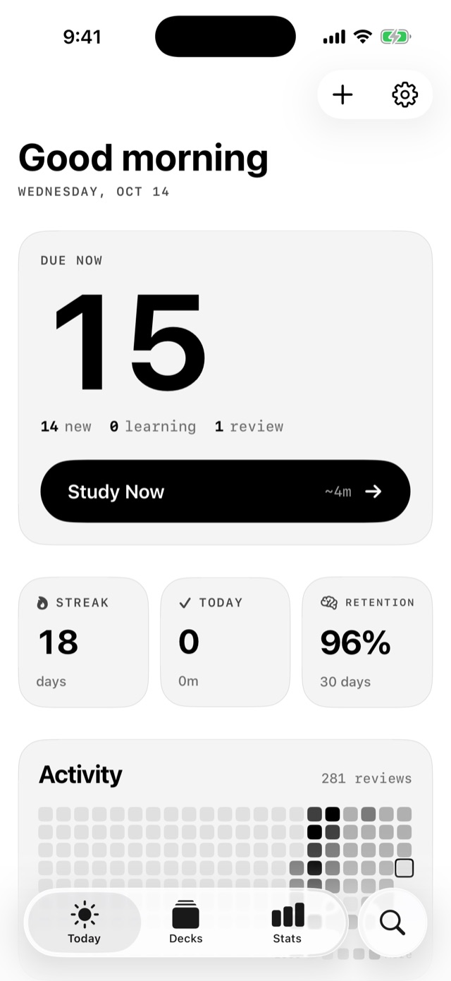 Franki's Today screen: 15 cards due now, an 18-day streak and 96% retention